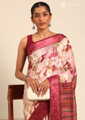 Maroon Watercolor Floral Printed And Plaids Woven Linen Saree - Taashi