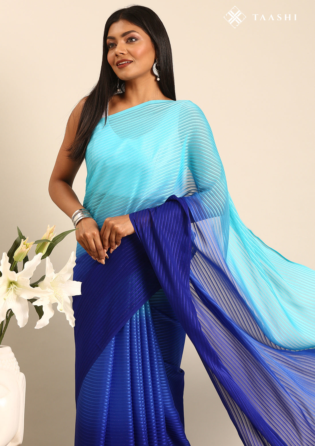 Blue Ombre Striped Chiffon Saree