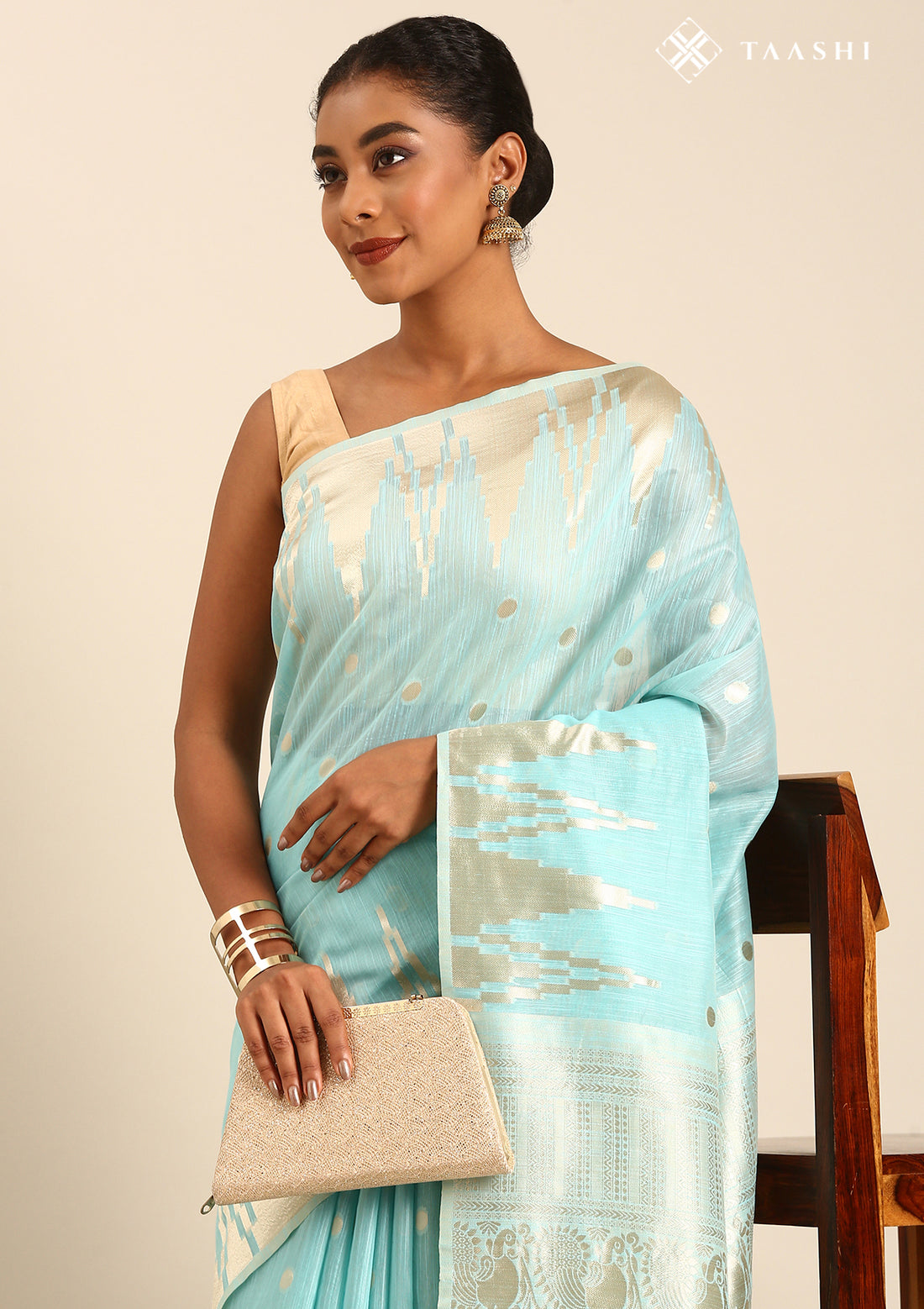 Sky Blue Traditional Temple Pattern Tussar Saree