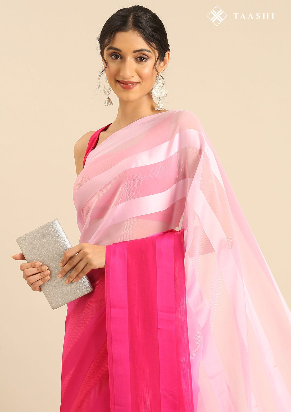 Pink Contemporary Woven Chiffon Saree