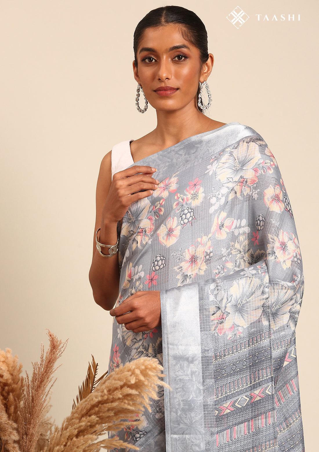 Grey A/O Floral Printed Plaids Woven Line Saree