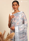Grey A/O Floral Printed Plaids Woven Line Saree - Taashi