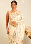 Pastel Olive Green Floral Embroiderd Linen Saree - Taashi