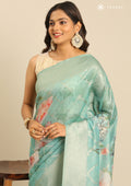Pastel Green Floral Printed Zari Woven Organza Saree - Taashi