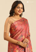 Dusty Pink Floral, Flamingo Printed And Zari Stripes Tussar Saree - Taashi