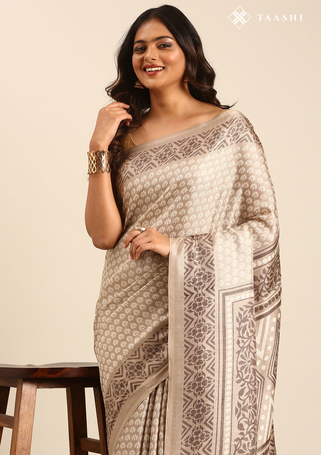Dusty Grey Butti Printed Art Tussar Matka Silk Saree
