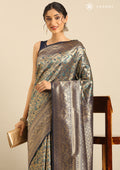 Gold & Blue Saree With Peacock Design - Taashi