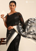 Black Abstract Floral Printed And Striped Chiffon Saree - Taashi