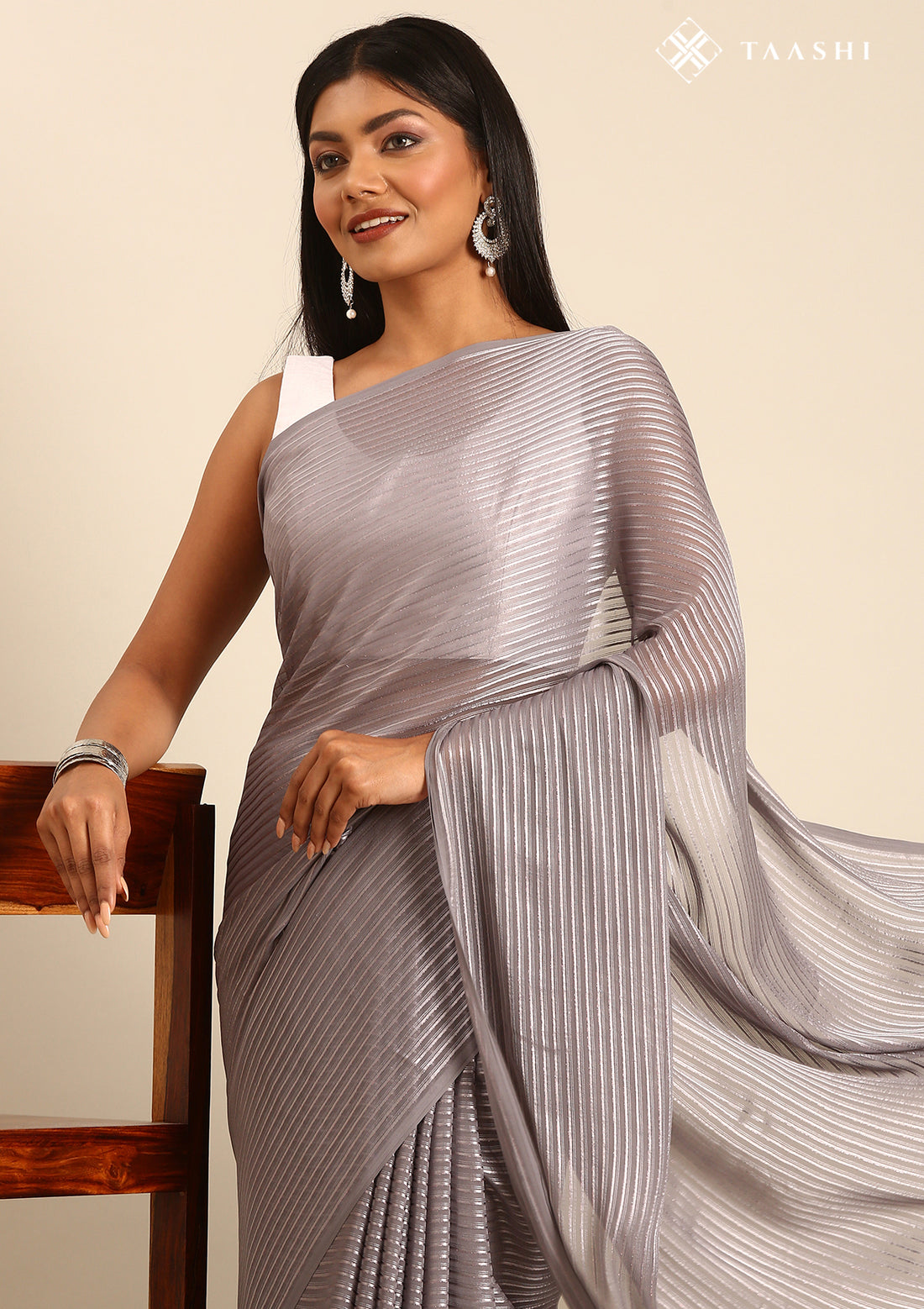 Grey Striped Chiffon Saree