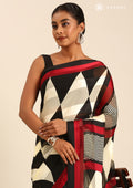 Black And Cream Geometric Printed Chiffon Saree - Taashi