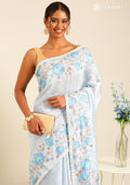 Pastel Blue Floral Embroiderd Linen Saree - Taashi