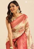 Dusty Red Blue Zari Woven And Floral Printed Organza Saree - Taashi