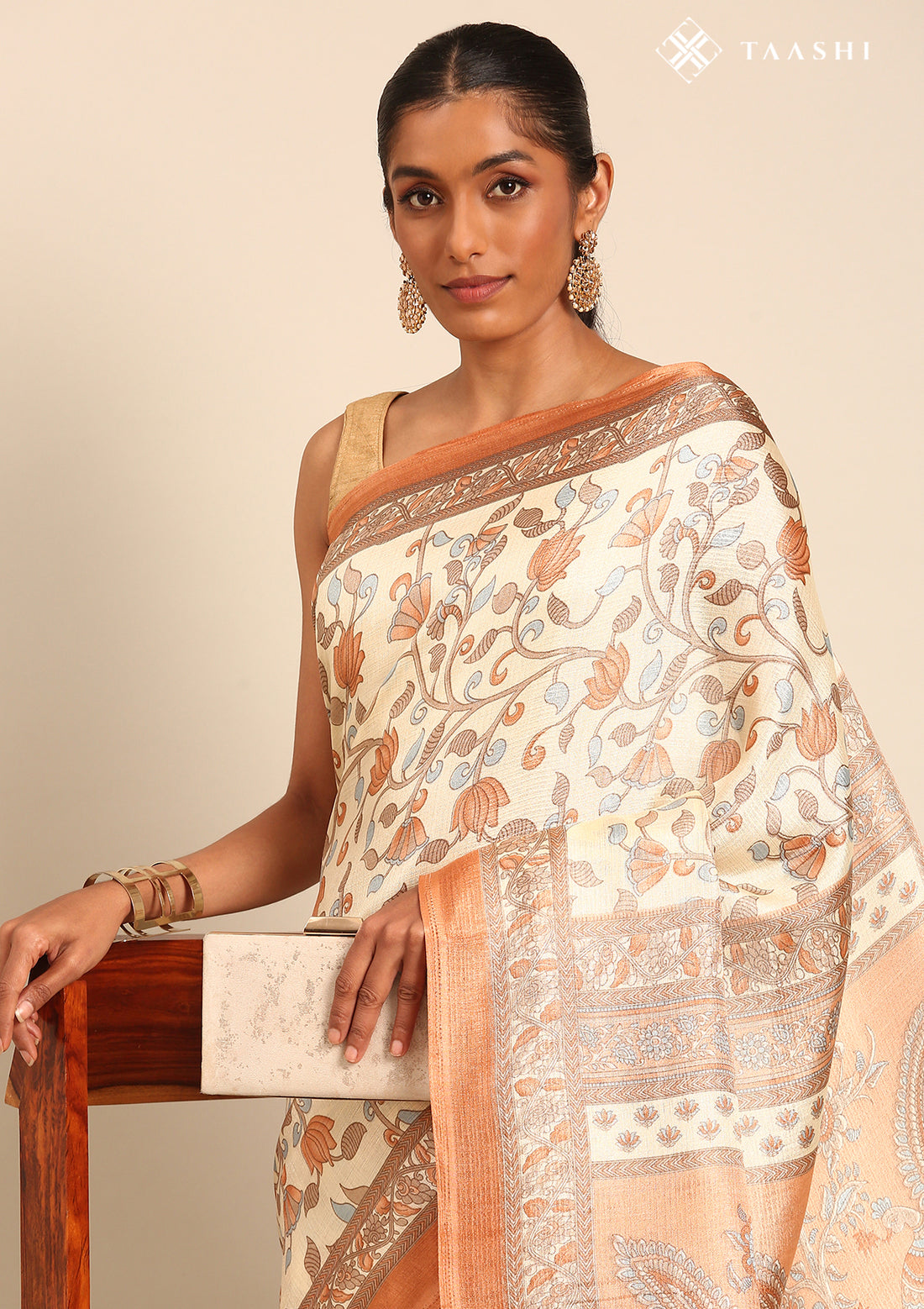 Cream And Copper Jaal Floral Printed Art Tussar Matka Silk Saree