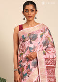 Pastel Pink Watercolor Floral Printed Tussar Saree - Taashi