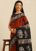 Orange And Black Batik Printed Cotton Saree - Taashi