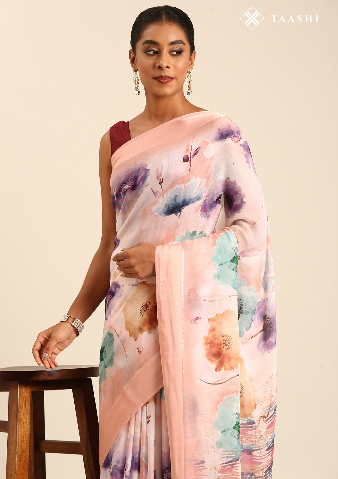 Pastel Peach Watercolor Floral Printed Georgette Saree
