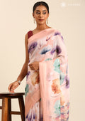 Pastel Peach Watercolor Floral Printed Georgette Saree - Taashi