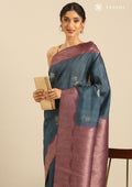Dark Blue Floral Woven Tussar Saree - Taashi