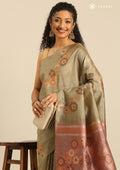 Dusty Olive Floral Woven Tussar Saree - Taashi