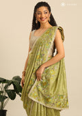 Olive Green Floral Embroiderd Linen Saree - Taashi