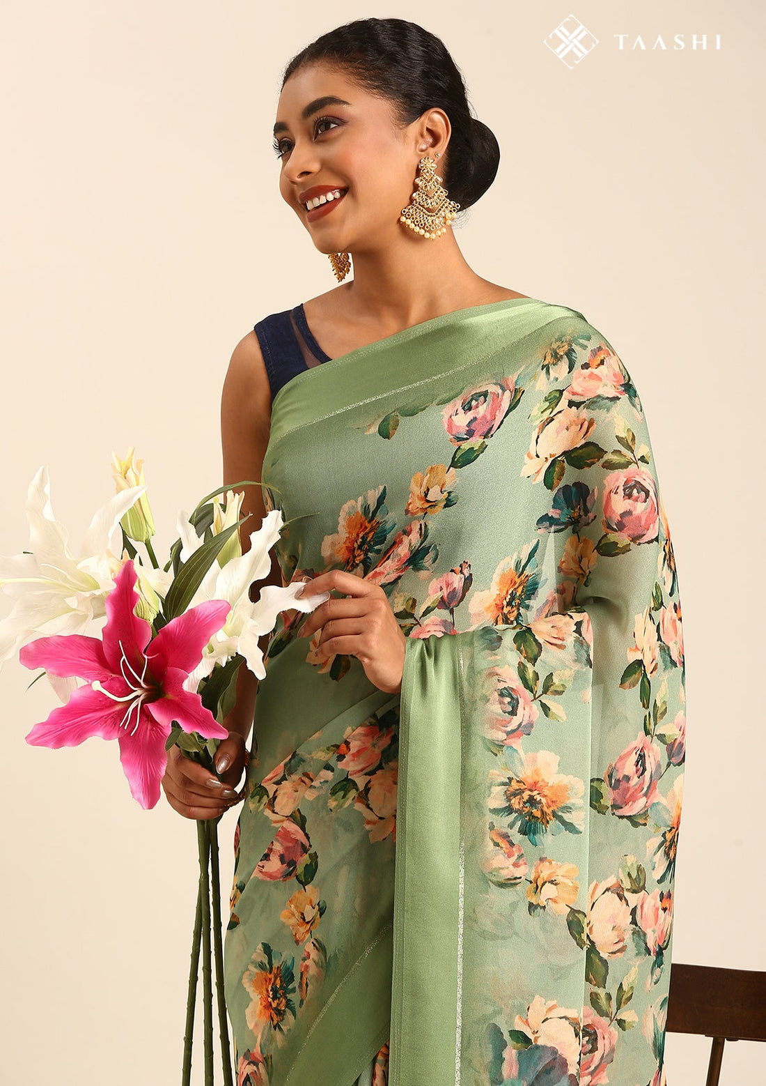 Sage Green Georgette Contemporary Printed Saree
