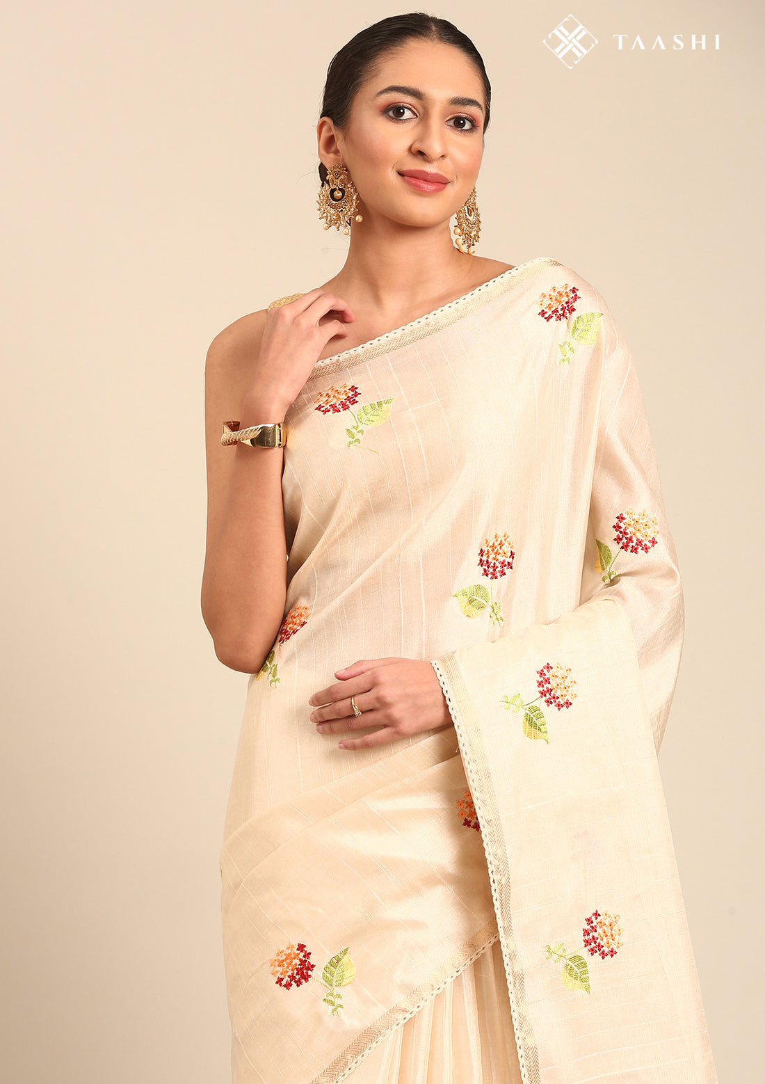 Cream Fancy Embroidery Tussar Saree