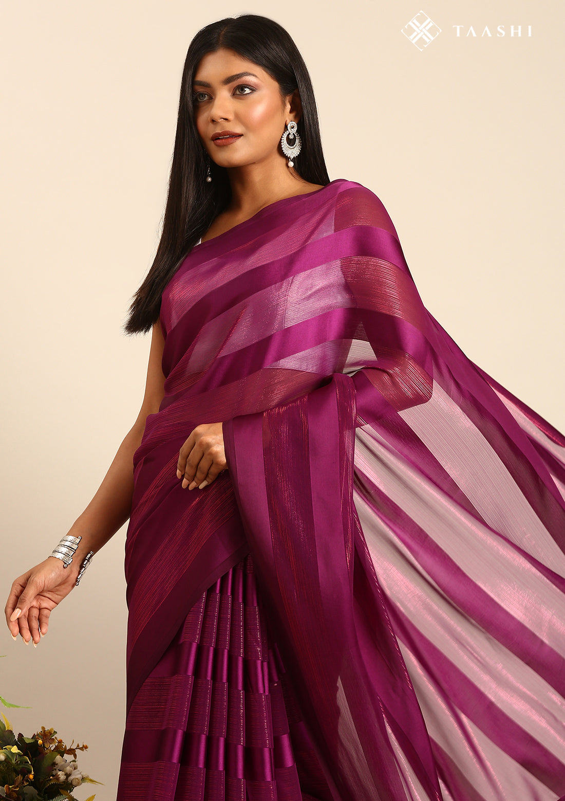 Purple Striped Chiffon Saree