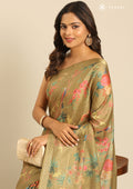 Dusty Olive Green Floral, Flamingo Printed And Zari Stripes Tussar Saree - Taashi