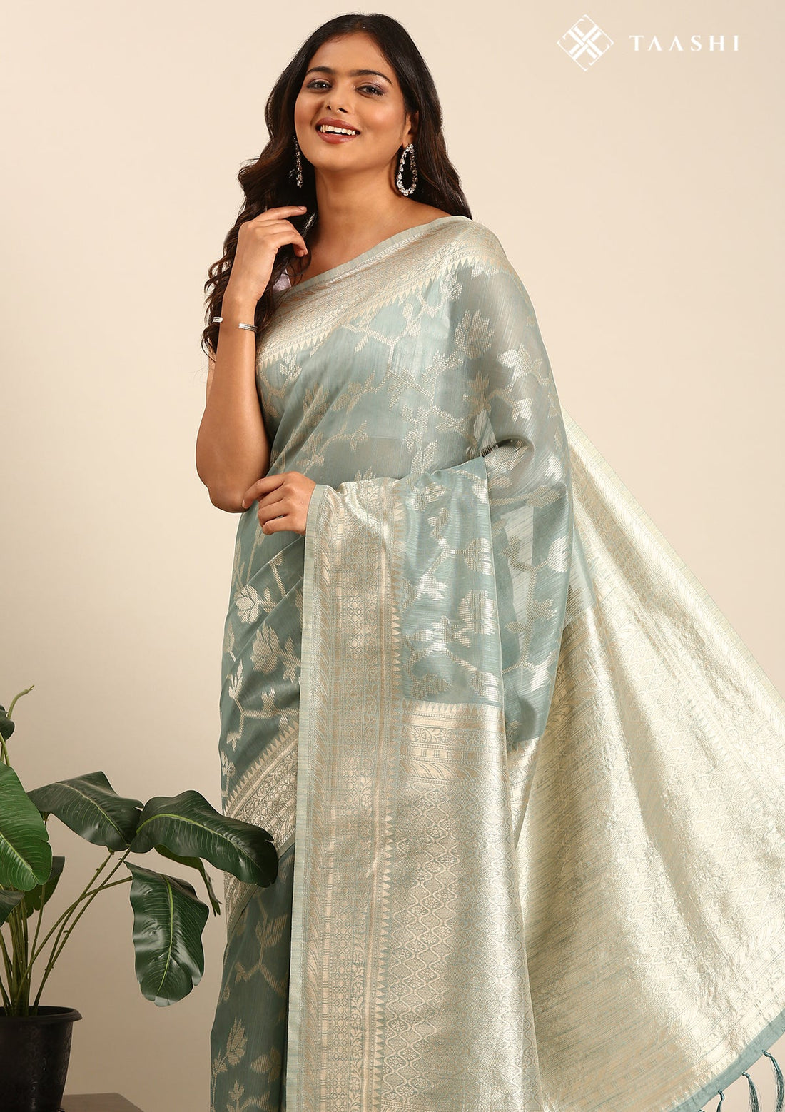 Dusty Blue Tussar Contemporary Woven Saree