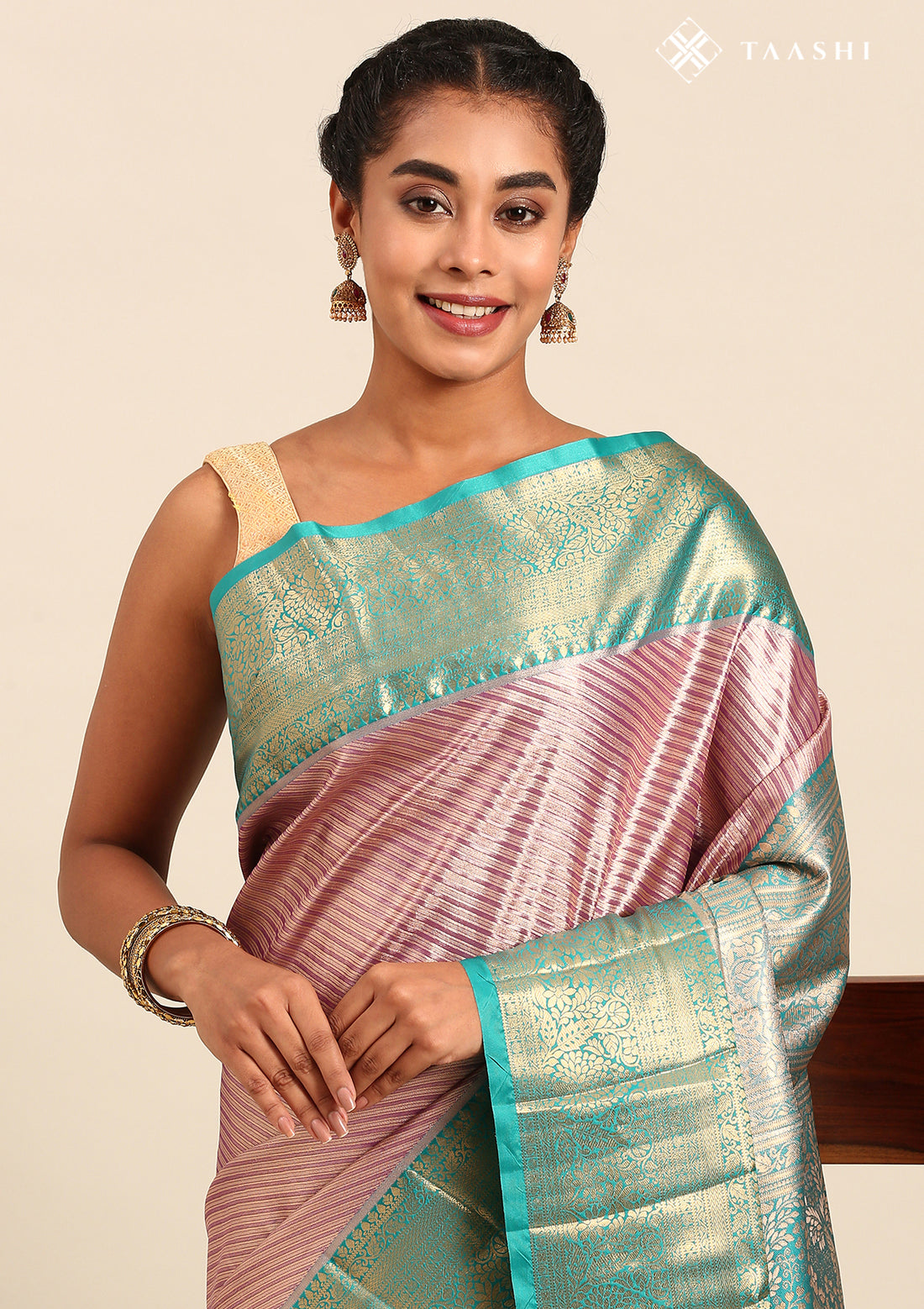Purple And Teal Color Kanchipuram Saree