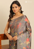 Graphite Floral, Flamingo Printed And Zari Stripes Tussar Saree - Taashi