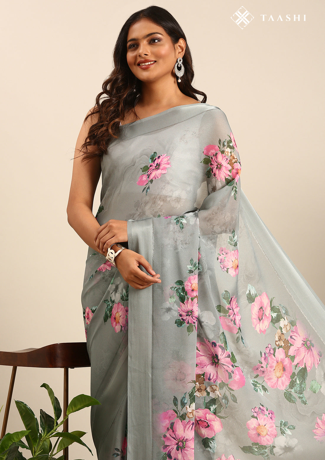 Gray Floral Digital Printed Georgette Saree
