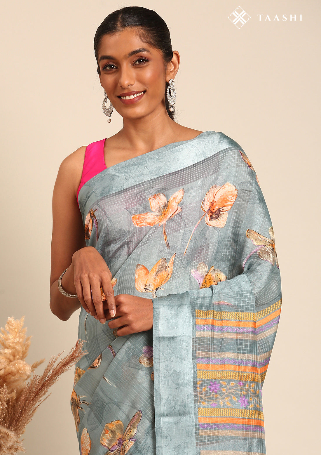 Powder Blue Watercolor Floral Printed And Plaids Woven Linen Saree