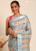 Powder Blue Watercolor Floral Printed And Plaids Woven Linen Saree - Taashi