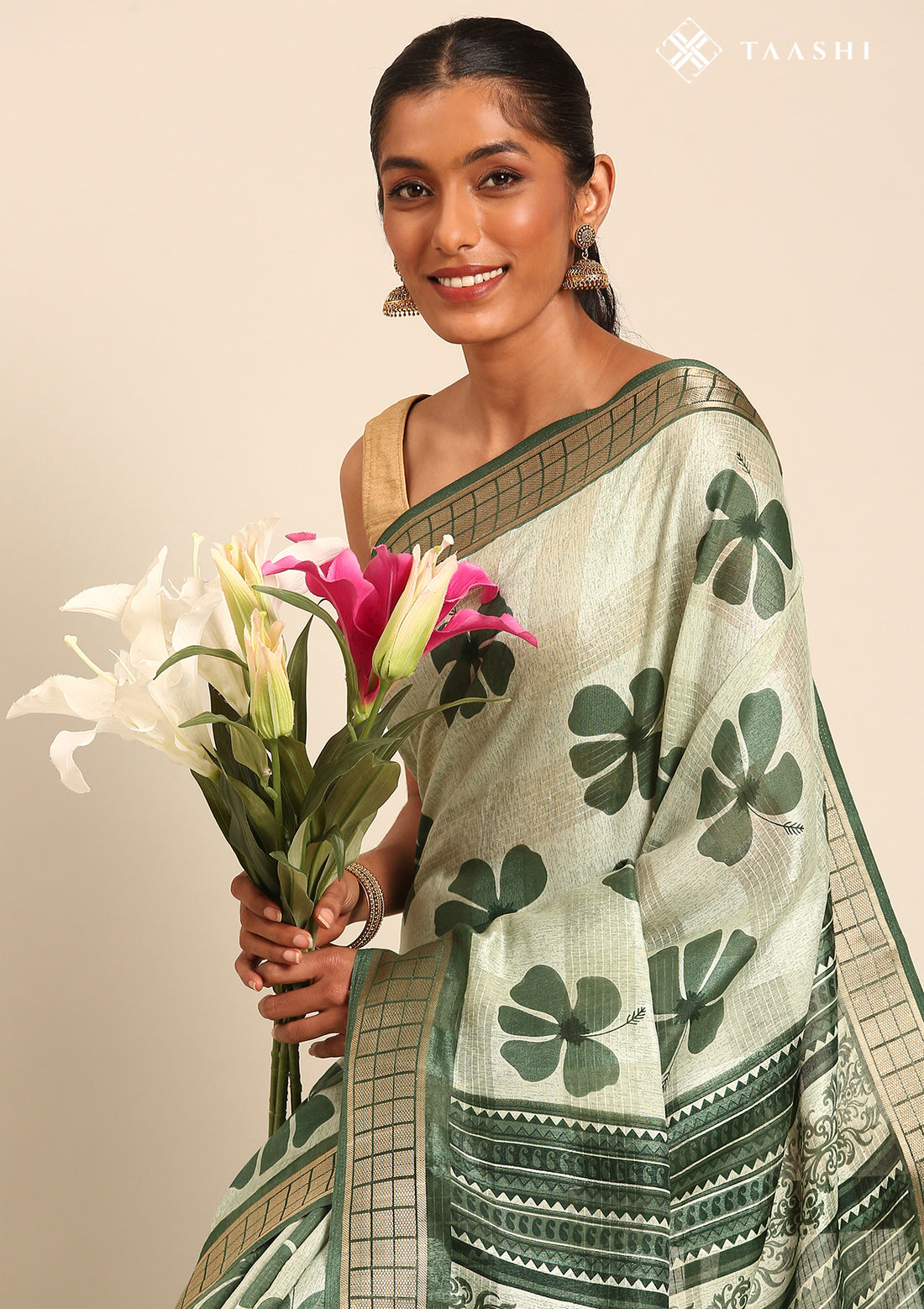 Green Hibiscus Printed Tussar Saree