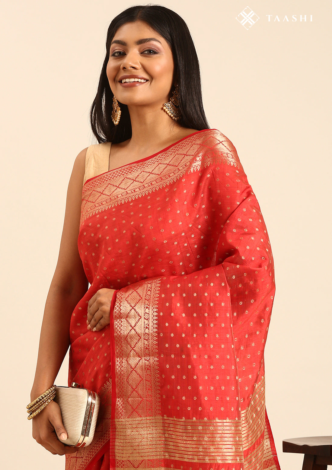 Red Traditional Zari Butta Woven Tussar Saree