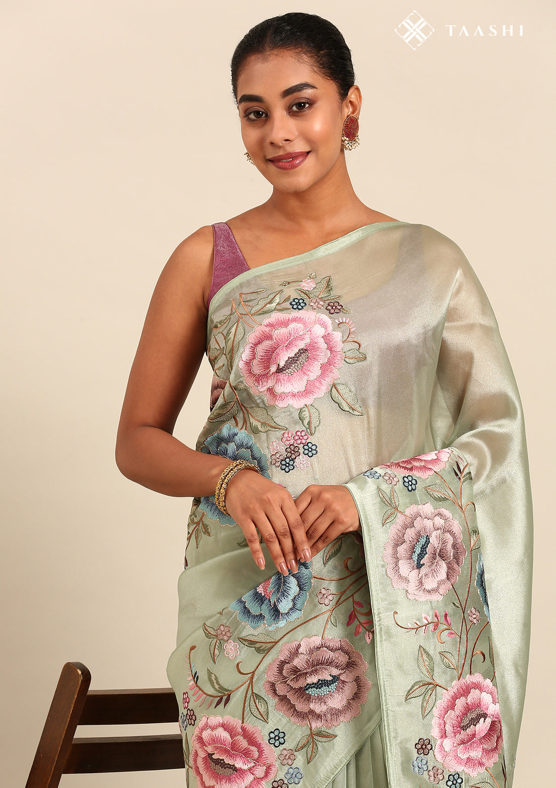 Sage Green Floral Embroidered Tissue Saree