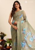 Dusty Green Floral Digital Printed Georgette Saree - Taashi