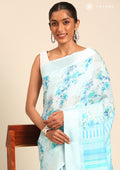 Blue Watercolor Floral Printed And Plaids Woven Linen Saree - Taashi