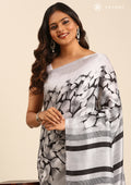 Grey Floral Printed Art Tussar Matka Silk Saree - Taashi