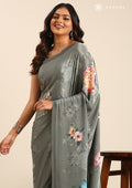 Grey Floral Digital Printed Crepe Saree - Taashi