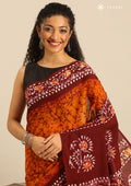 Orange And Maroon Batik Printed Cotton Saree - Taashi