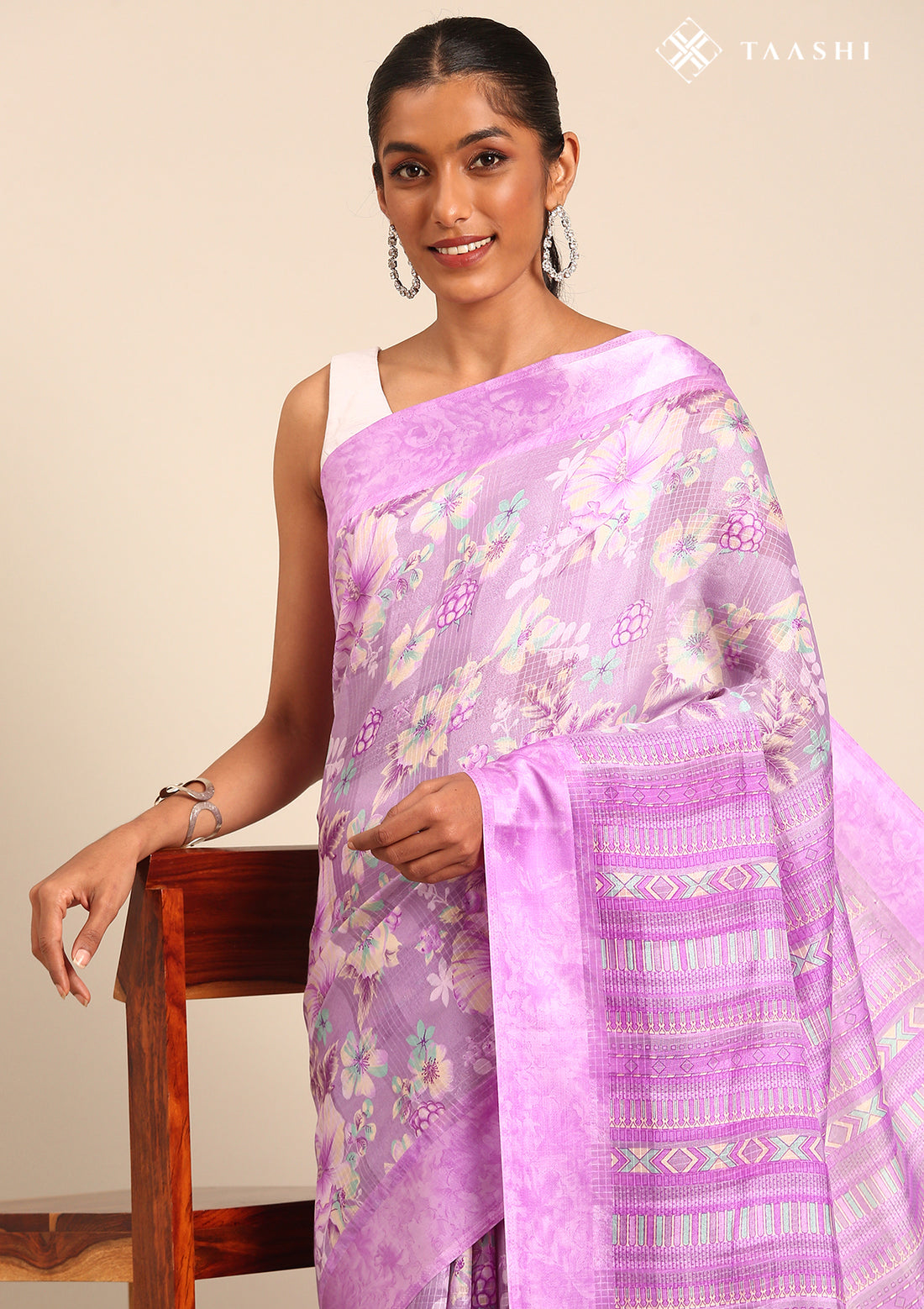 Purple A/O Floral Printed Plaids Woven Line Saree