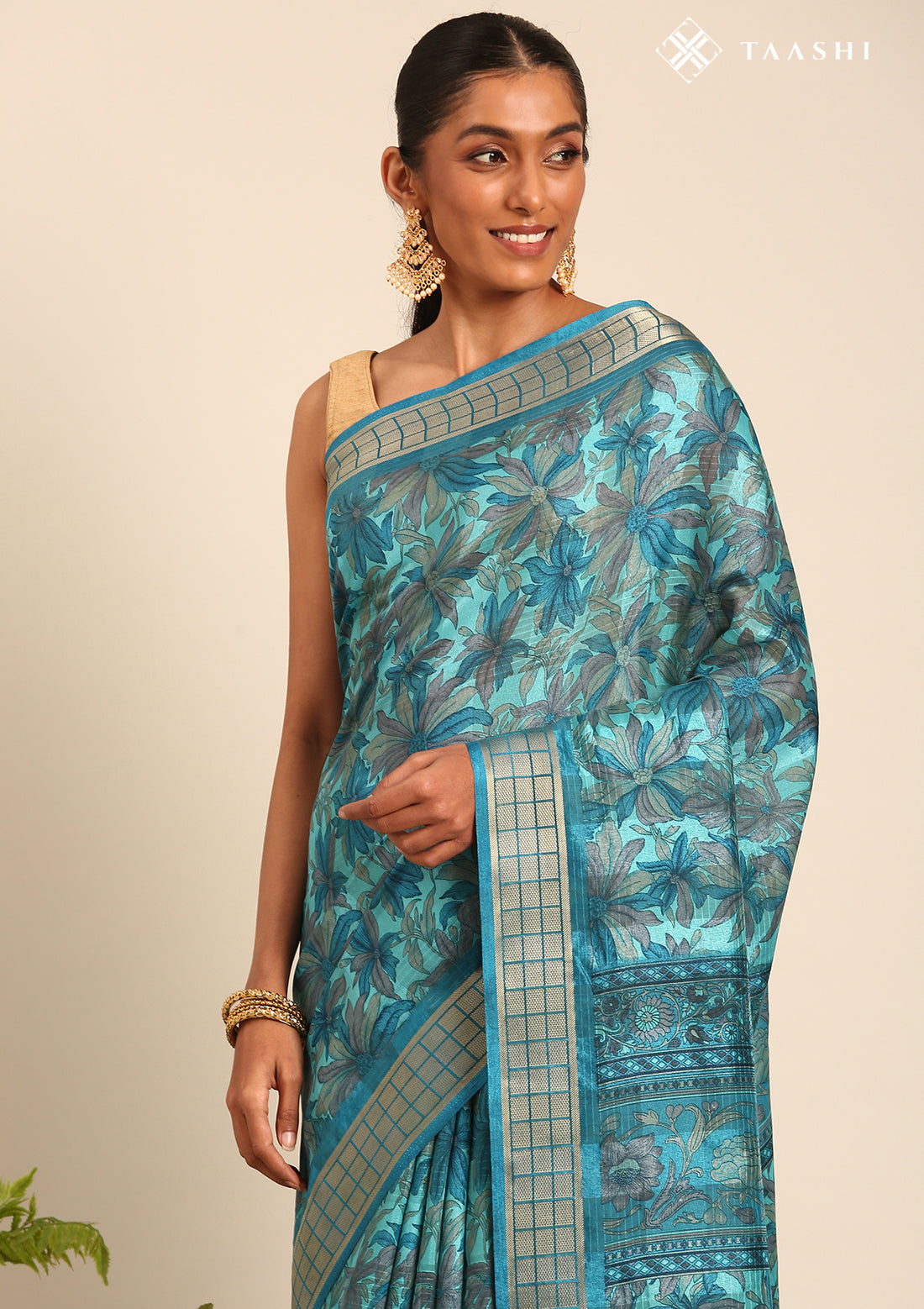 Blue A/O Floral Printed Tussar Saree