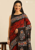 Red And Dark Brown Batik Printed Cotton Saree - Taashi