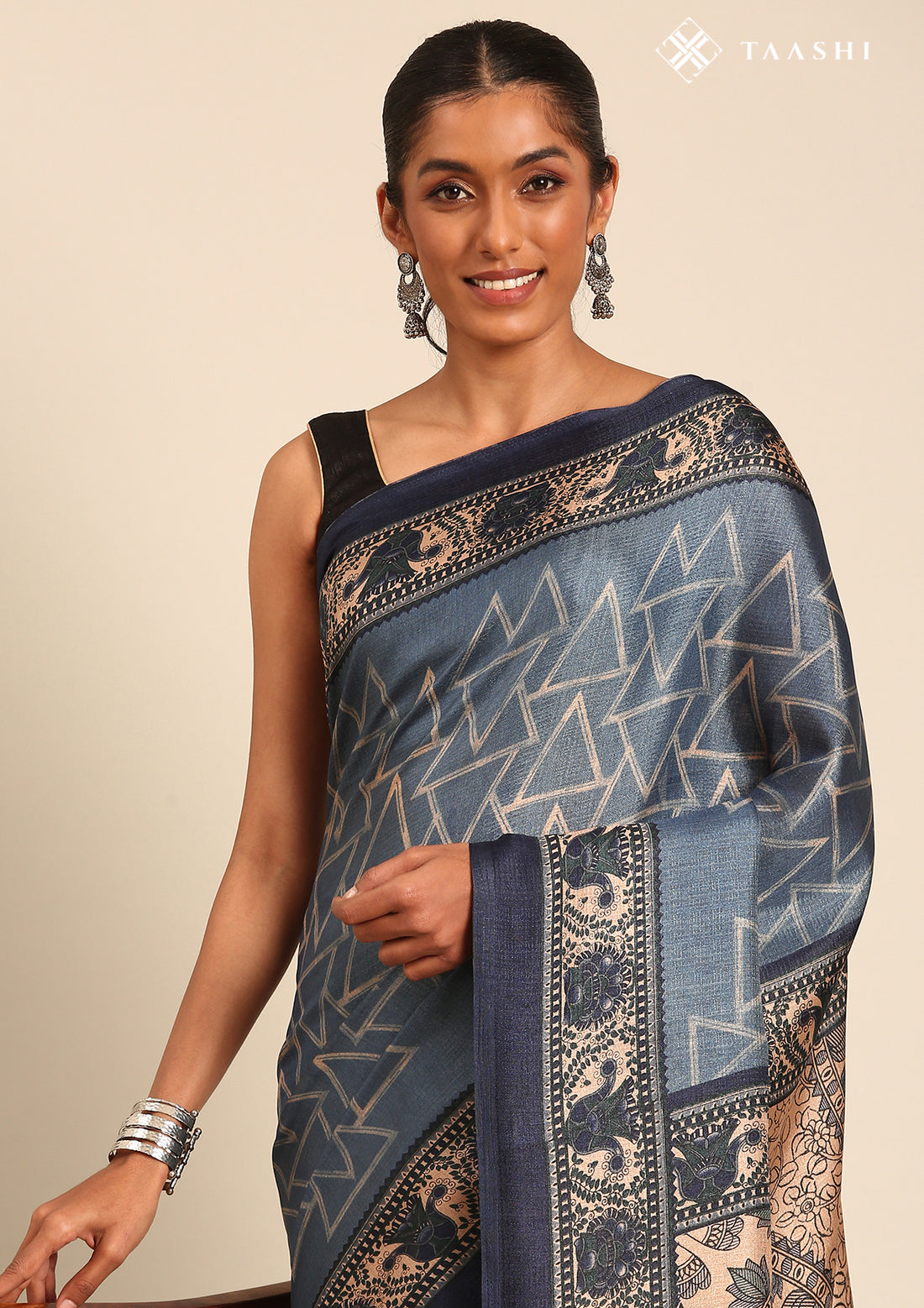 Blue Geometric Printed Tussar Saree