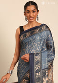 Blue Geometric Printed Tussar Saree - Taashi