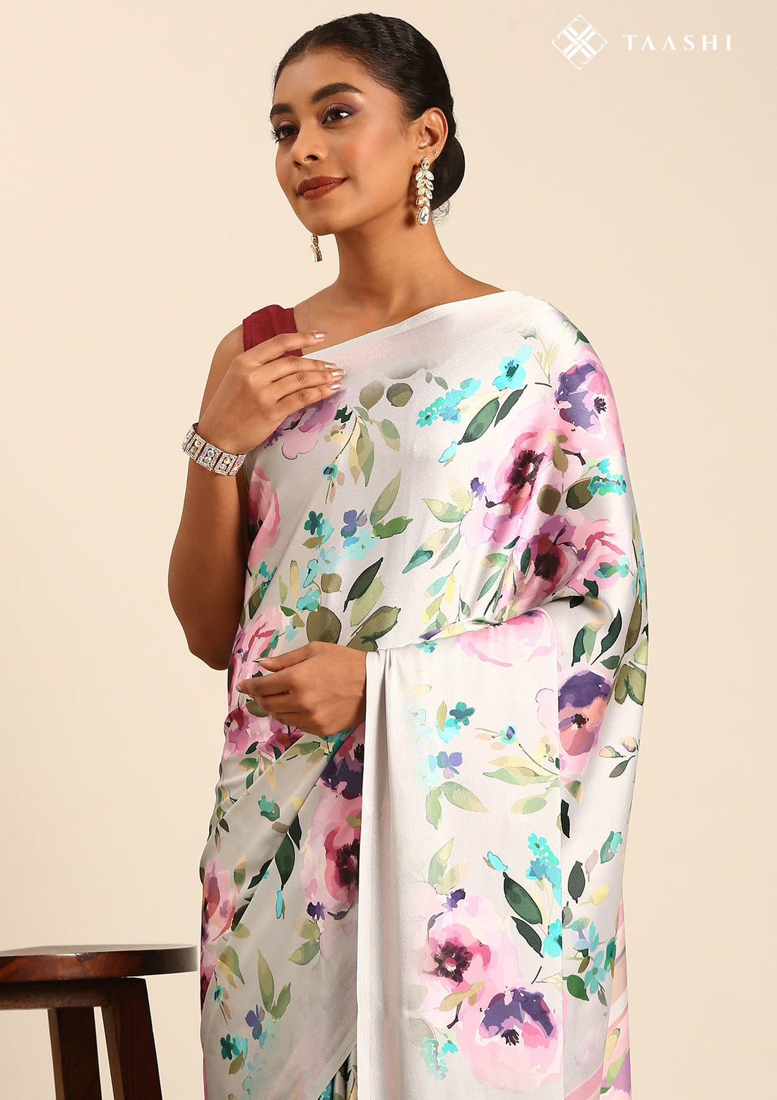Light Grey Satin Contemporary Printed Saree