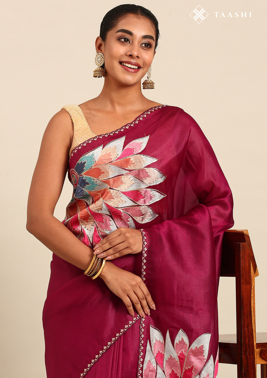 Plum Placement Embroidered Tissue Saree