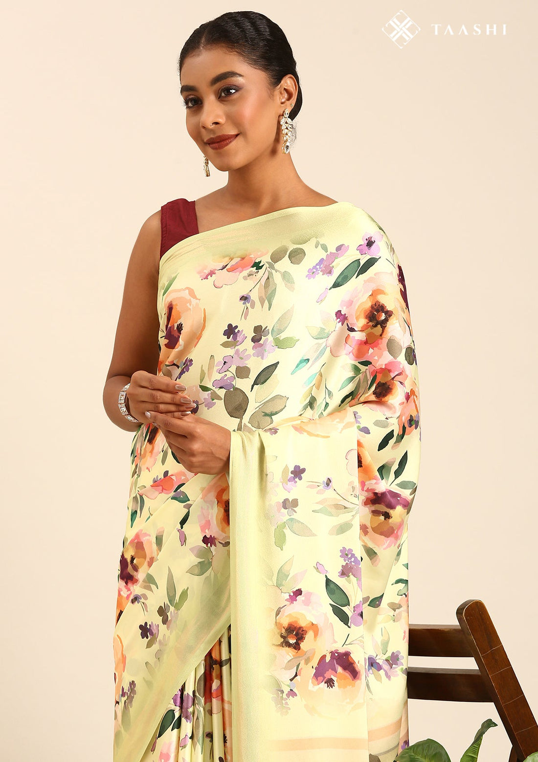 Lemon Green Satin Contemporary Printed Saree